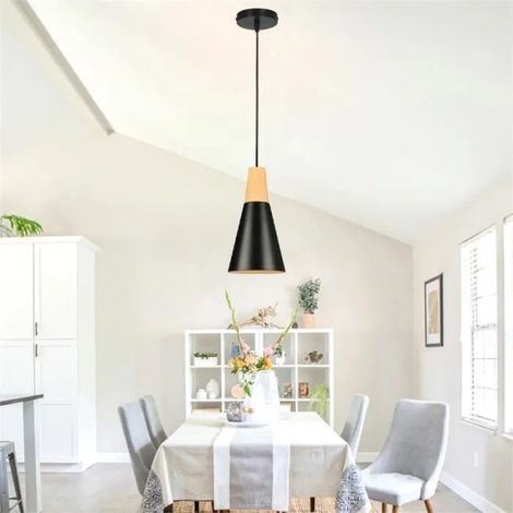 Suspension Luminaire Industriel Ajustable,Lustre Plafonnier Retro en Métal avec Bois pour Salon Chambre (1/4)
