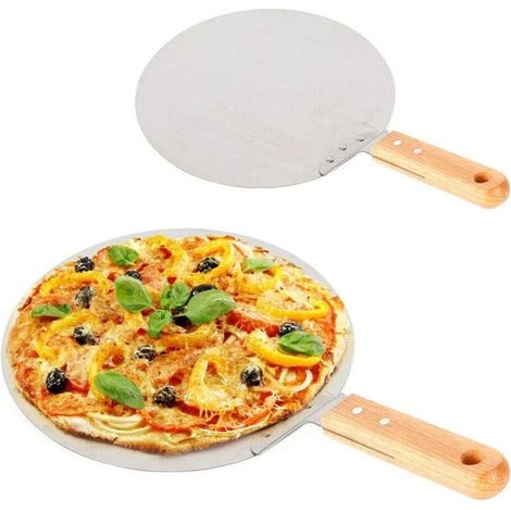 Pelle à pizza ronde en acier inoxydable avec manche en bois, 25,5 cm, pour la cuisson des pizzas, du pain, des gâteaux et des biscuits