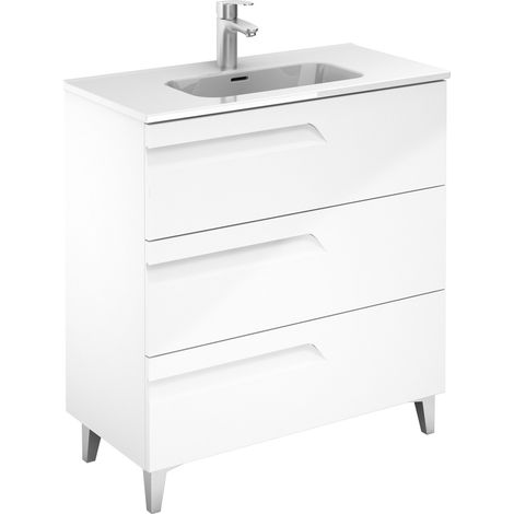 Ensemble de meubles de salle de bains avec 3 tiroirs compacts VITALE - ROYO Couleur : Blanc brillant - Options : Meuble + Vasque - Dim. : 80 cm (1/2)