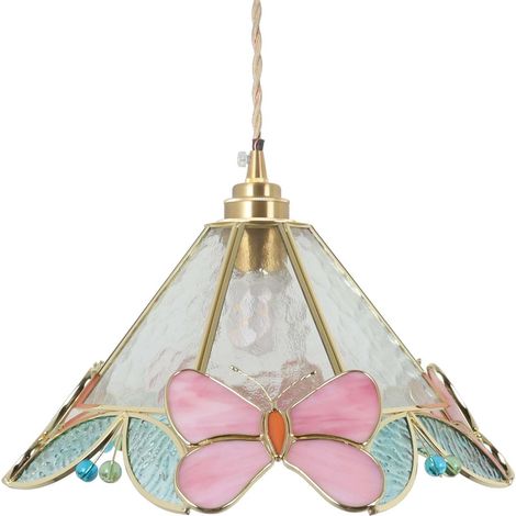 Lampadario da soffitto a forma di farfalla e fiore in vetro colorato in stile Tiffany. (1/4)