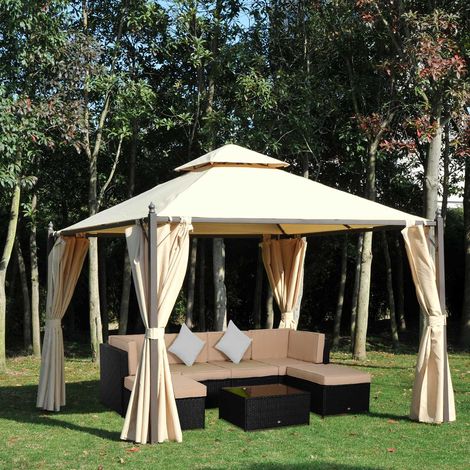 Gazebo de jardin 3 x 3 m avec 4 auvents latéraux et double toit beige