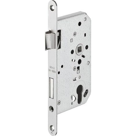 serrure à mortaiser porte d'entrée palière coupe-feu cylindre profil européen, Pêne demi-tour standard, largeur de têtière : 24 mm, pose : DIN à droite, axe 65 mm, acier inoxydable (1/2)