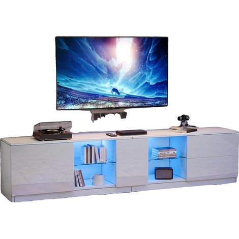 Meuble TV, Fini Haute Brillance, Rangement Ample, Blanc - MDF (1/2)