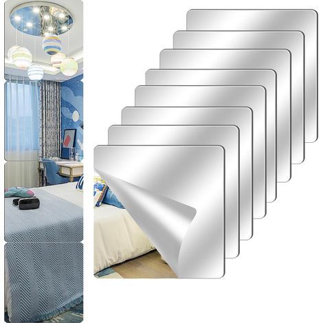Lot de 8 miroirs autocollants 20x20cm, film miroir acrylique souple, stickers muraux pour maison, salle de bain, décoration (1/5)