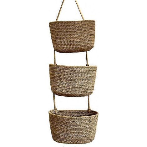 Panier mural tressé à trois niveaux, organisateur de rangement écologique marron, étagère suspendue pour gagner de la place et décorer - 3 (1/5)