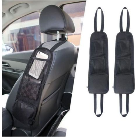Organisateur Siege Voiture - Nylon Renforcé - 2 Poches Filet + 1 Poche Fermeture Eclair - Pour Voiture - 2 Pièces (1/2)