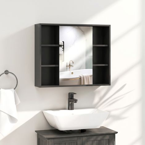 Meuble salle de bain avec miroir, placard à portes et 6 compartiments ouverts, 60 x 14,5 x 49,4 cm, noir (1/5)