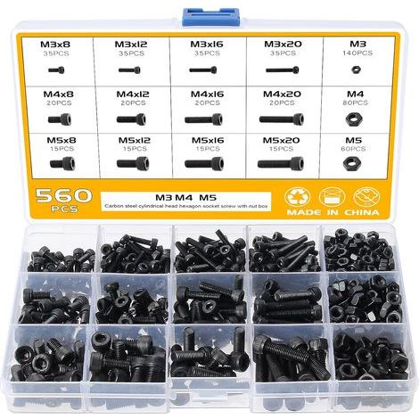 560 pièces M3 M4 M5 Assortiment de vis 6 pans, Vis avec écrous Assortiment Noir, Acier au Carbone Bouton Boulons (1/5)