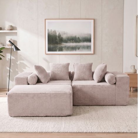 Sofá esquinero modular 266 x 110 x 60,01 cm, 3 módulos, tela chenilla beige HAVRYA (1/5)