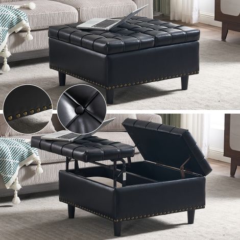 Grand pouf de rangement carré – Banc coffre à couvercle relevable – Idéal pour salon, chambre ou bureau – Coffre de rangement rembourré (PU noir)