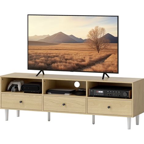 Meuble TV pour jusqu'à 75" avec 3 tiroirs, 3 étagères ouvertes et passe-câbles, 140 x 34 x 45 cm, bois naturel (1/5)