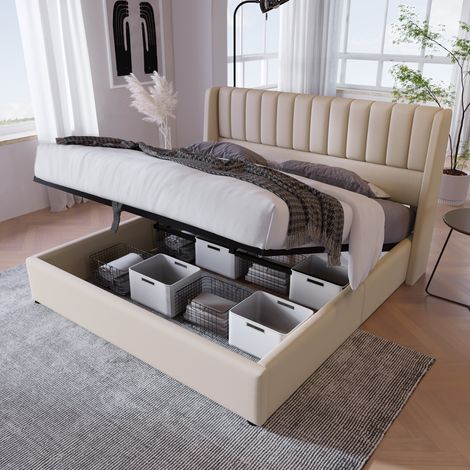 Lit coffre 160 x 200, lit 160 x 200 avec sommier, cadre de lit, Lit coffre, lit double hydraulique, avec tete de lit, beige, lin (1/5)