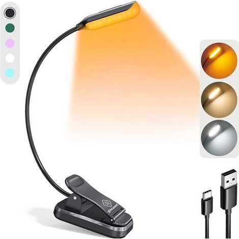 Lampe de Lecture, Lampe à pince, Lampe Chevet, Mini lampe de lecture livre, 3 couleurs et 3 niveaux de luminosité, Lumière de livre légère, Noir, KINSI (1/4)