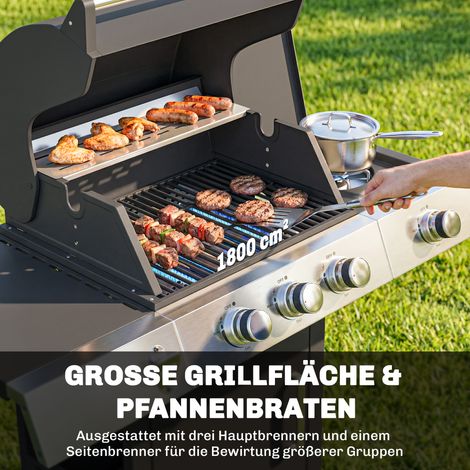 Barbecue gaz 10,5 kW, 3+1 feux, support acier inox avec brûleur latéral, décapsuleur, thermomètre et grille fonte.