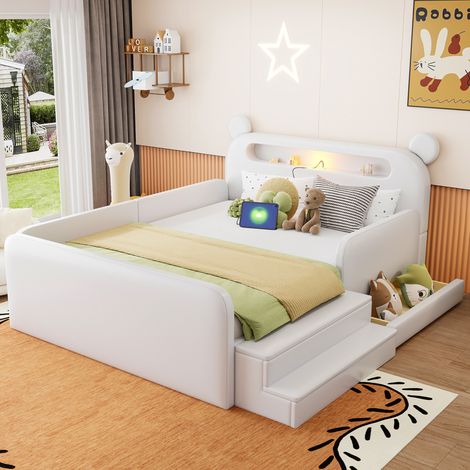 Letto imbottito per bambini 140 x 200 cm, testiera orso, LED, USB, contenitore, bianco (1/5)