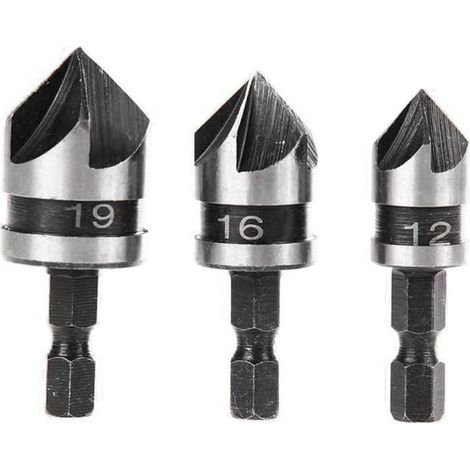 Juego de 3 brocas de chaflán de 90 grados y 5 ranuras para madera y metal, broca hexagonal de chaflán de 1/4" de cambio rápido para madera y acero, 12/16/19 mm. (1/5)