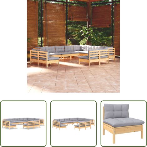 Terrassensofa - 12-tlg. Garten-Lounge-Set mit Grauen Kissen Massivholz Kiefer (1/5)