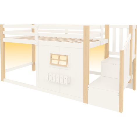 Cama alta infantil 90x200 cm de madera y MDF con ventana, escalera de almacenaje y LED (1/5)
