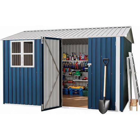 Abri de Jardin Métallique 10x8 FT 301×238×194 cm en Acier Galvanisé, Double Porte Verrouillable avec Fenêtres, Rangement Extérieur pour Outils et Vélos, Bleu (1/5)
