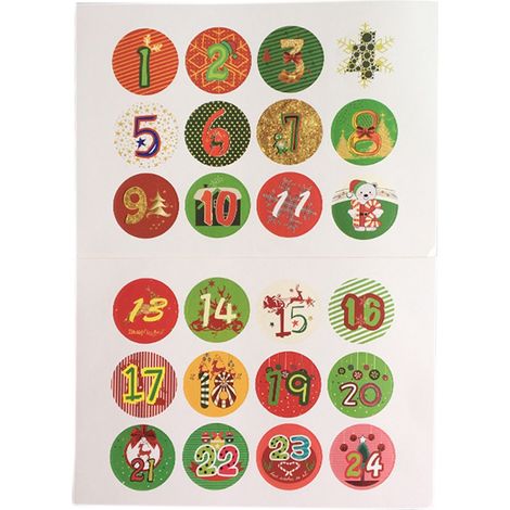 Stickers chiffres Avent Noël, autocollants scellés confiseries, étiquettes emballage cadeaux DIY, ronds papier 3,5x3,5 cm, 10 feuilles (5x1-12, 5x13-24)