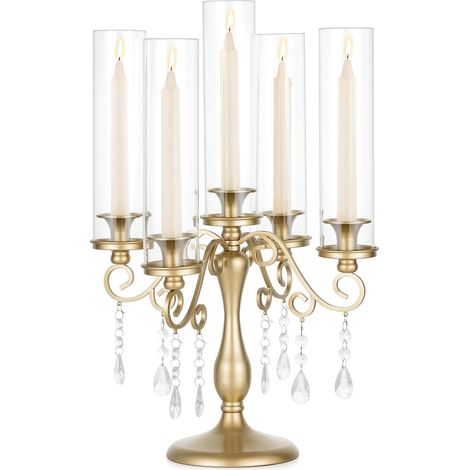 Bougeoirs Candélabres Chandelier Or: Chandelier 5 Branches pour Centre de Table de Mariage - Candélabres Vintage avec Verre en Forme D'ouragan pour Dîner en Plein air Fête de Noël Anniversaire (1/5)