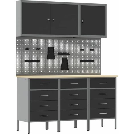 vidaXL Werkbank mit Schubladen 8 pcs Schwarz Ingenieure Holz und Stahl