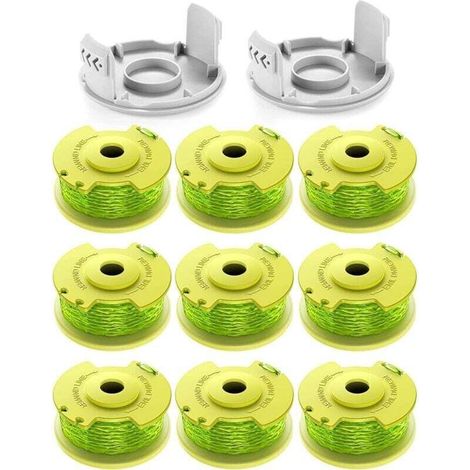 11 bobines de fil de rechange pour coupe-bordures Ryobi One+ - Diamètre 2,0 mm, longueur 3,4 m - Compatible AC14RL3A - Lot avec 9 bobines et 2 couvercles - Performance fiable.