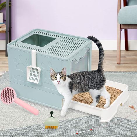 Cat Litter Box, Large Collapsible Cat Toilet House with Lid,Cat Litter Box with Lid,Drawer Bin Easy to Clean, Large Capacity Portable Blue (1/5)