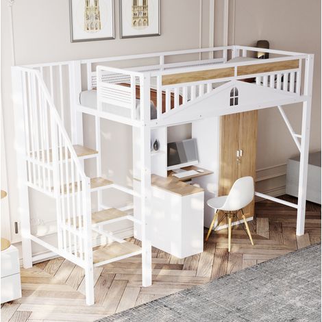 Lit mezzanine enfant 90x200 cm en métal blanc avec escalier sécurisé et rangements (1/5)