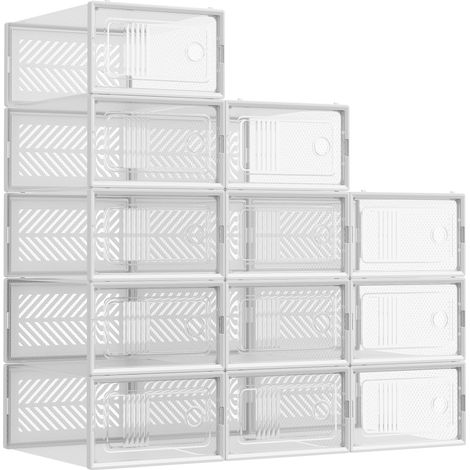 SONGMICS Boîte à Chaussures Transparent, Lot de 12, Boîte de Rangement, Pointure 44, Empilables, pour Collections de Baskets, Talons Hauts, Transparent et Blanc LSP106W12