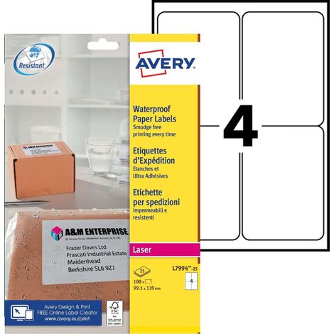 Avery Weatherproof Shipping Labels Laser 4 per Sheet 99.1x139mm Ref L7994-25 [100 Labels] (1/4)