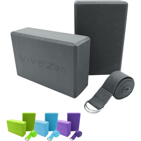 Lot de 2 briques de yoga 23 x 15 x 7,5 cm et sangle de yoga 183 x 3,8 cm - EVA - Gris - Vivezen