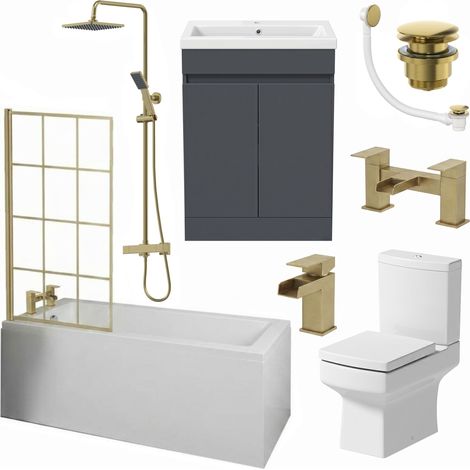 Complete Bathroom Suite 1700mm Bath Brass Shower Screen Basin Vanity Toilet Taps (1/5)
