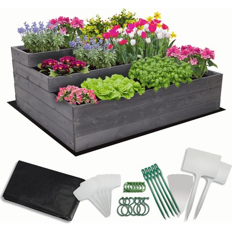 MODO24 Carré potager surélevé en bois, 3 niveaux en cascade, 45x117x93 cm, jardin/terrasse, kit jardinier inclus, gris imprégné