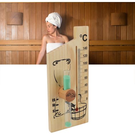 Termómetro para sauna con función de reloj de arena, 15 minutos, marco de madera dorada, rango de medición de 0 a 140 °C, montaje en pared, accesorio para sauna. (1/5)