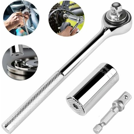 SHINING HOUSE Juego de llaves de tubo universales con adaptador de taladro, compatible con todo tipo de tuercas, de 7 mm a 19 mm, juego de llaves de tubo de trinquete multiusos 3 en 1 (1/5)