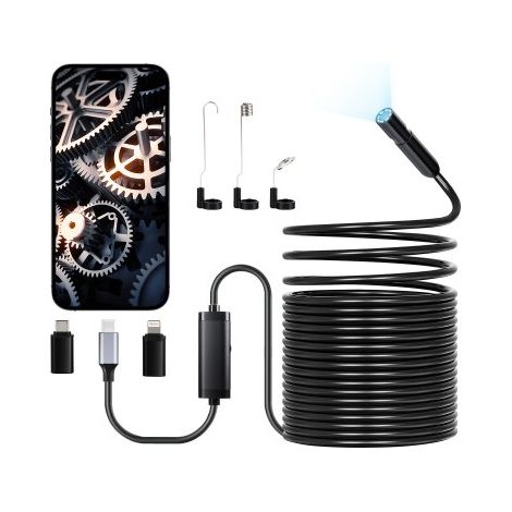 Cámara Endoscópica con Cable Semirrígido de 15 m, Boroscopio HD 1920P para Android e iOS, con Luz, 8 LED, Zoom 2X, Impermeable IP67, para Automóviles y Plomería, 15000 x 24 x 12 mm, Negro (1/5)