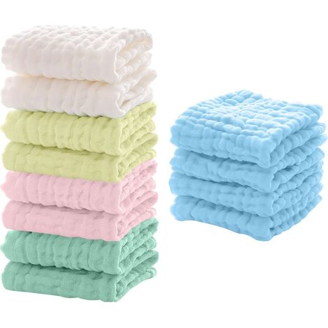 Lot de 12 serviettes de toilette en gaze pour enfants - (blanches + jaunes + roses + vertes) x 2 + bleues x 4 (1/5)