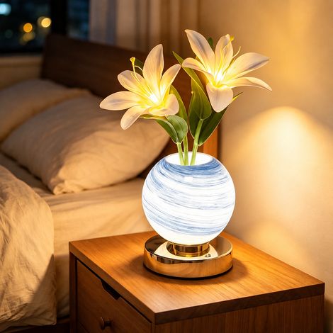 Veilleuse LED Décorative Fleur Lys Bleu Lampe de Table Planète Rechargeable Abat-Jour Verre 12 × 12 × 27 cm 815 g – Livraison gratuite