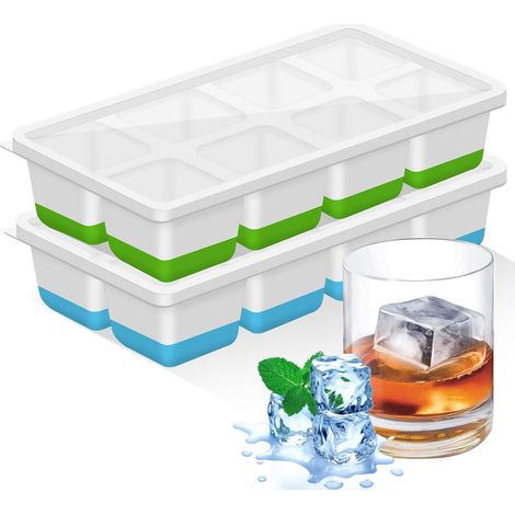 Vassoio per cubetti di ghiaccio grande, set da 2 pezzi, in silicone con coperchio, ideale per cocktail, birra, vino e bevande fredde, senza BPA, impilabile e riutilizzabile (verde + blu)