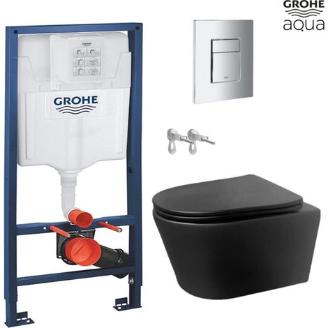Bastidor GROHE pack cisterna empotrada y pulsador cromo brillo con inodoro suspendido Rimless LIA negro mate de AzulBath