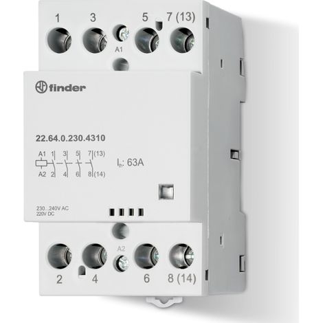 Contacteur modul 3NO+1NC 63A 230V AC DC AgSnO2 indicat méca contact miroir FINDER 226402304717PAS