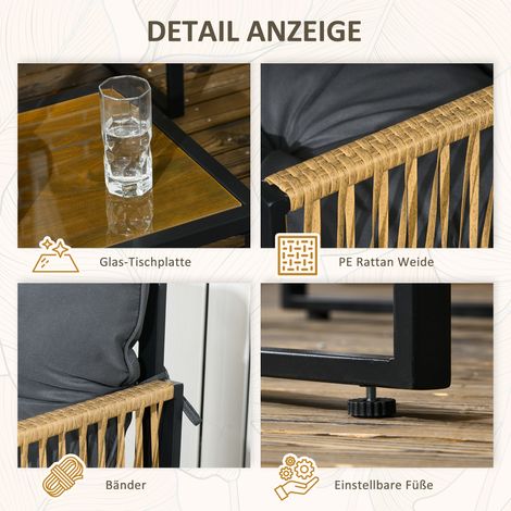 Ensemble de jardin en rotin 4 pièces avec coussins, salon d'extérieur, table basse en verre, 2 fauteuils, 1 canapé double, élégant mobilier de terrasse (1/5)