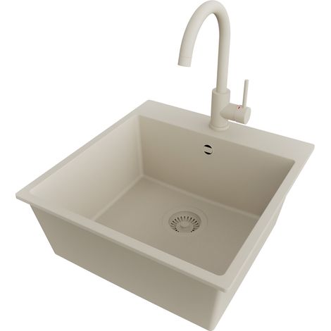 PRIMAGRAN Evier Cuisine en Granit 48x50cm,Lavabo 1 bac + Robinet 32x20cm + Kit de Vidage, Évier à Encastrer au meuble 50cm - Riga, Beige (1/5)