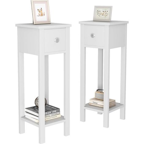 Slim Solid Wooden Bedside Table, Set of 2 Small Narrow Side End Tables, Modern Narrow Bedroom Nightstand with Open Shelf and Drawer for Bedroom, Living Room Amelia  WHITE (1/5)