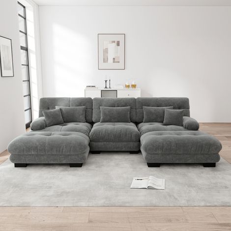 Canapé modulable en U gris en chenille avec ottomans mobiles et assise profonde (1/5)