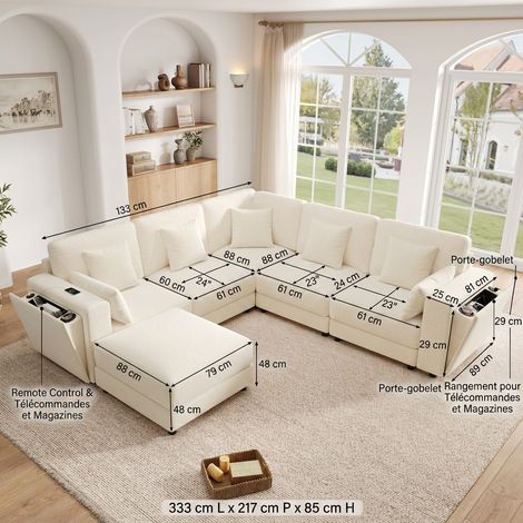 Canapé modulable 6 places d'angle en L ou U beige en tissu chenille avec port USB et rangement, pour salon (1/5)