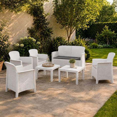 Gartenmöbel-Set Curno, Outdoor-Sitzgruppe für 6, 2 Tische Made in Italy, Beige, Weiß (1/4)
