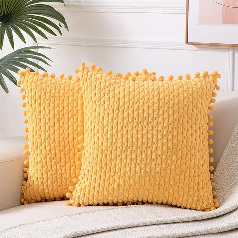 8 Housse de Coussin en Velours Côtelé Jaune à Pompons Style Boho, 40x40cm, Décorative pour Canapé et Lit Style Ferme Moderne (1/5)