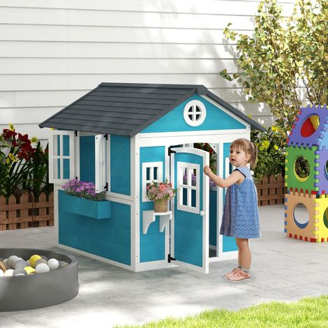 Casetta da gioco per bambini, casetta in legno per bambini, casetta da giardino per esterni con finestre, vasi di fiori, età 3-8 anni, blu
